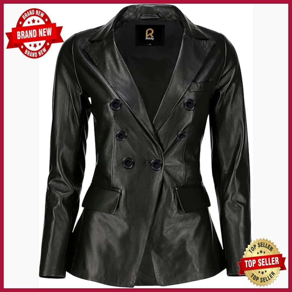 Genuine Leather Blazer Jacket Double-Breasted Tailored Coat